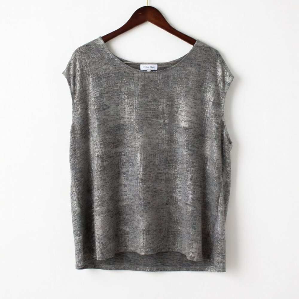 Calvin Klein Metallic Silver Shimmer Button-Shoulder Top 2X
